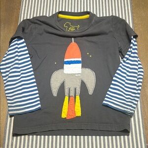 Mini Boden Gray Rocket Shirt with Striped Sleeves